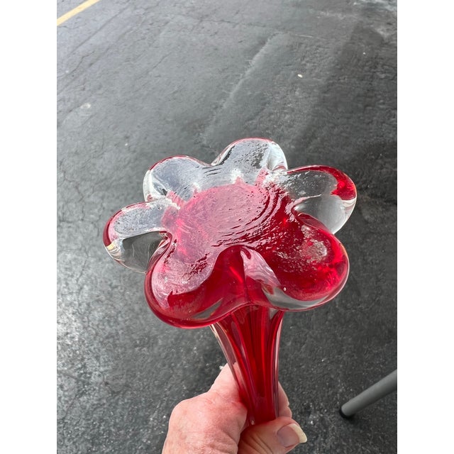 Red Mid Century Tall Red Glass Bud Vase With Clear Elepant Foot For Sale - Image 8 of 8