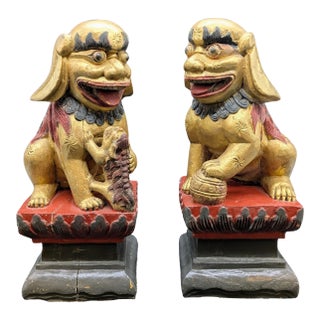 Unique Mid 20th Century Hand-Carved Chinese Foo Dogs For Sale