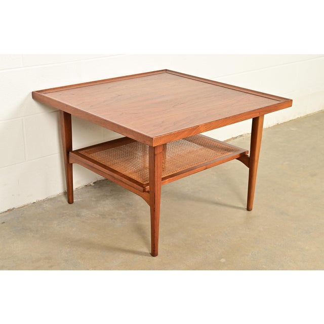 1960s Kipp Stewart for Drexel Declaration Mid-Century Modern Walnut and Cane Two-Tier Coffee Table, 1961 For Sale - Image 5 of 9