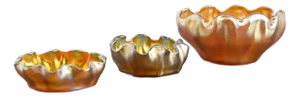 Louis Comfort Tiffany Favrile Iridescent Art Glass Salt Cellars With Ruffled Edges, Set of Three
