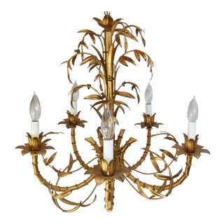 1950s Italian Chinoiserie Bamboo Gilt Tole 5-Arm Chandelier For Sale