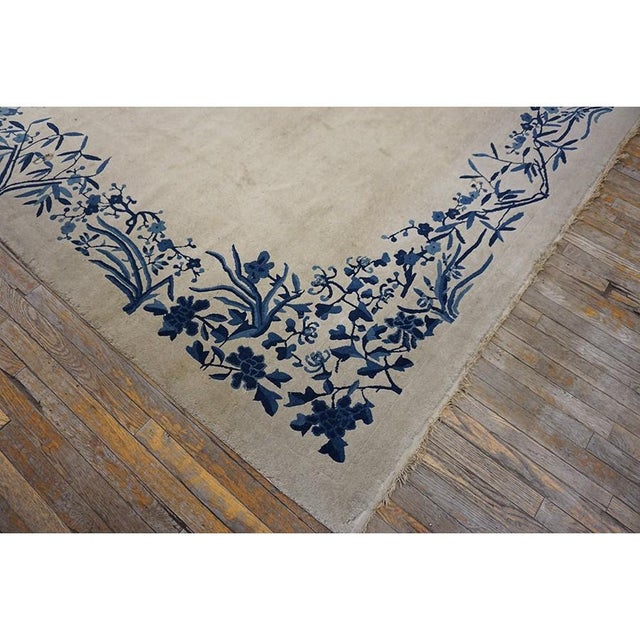 1920s Beige Solid Open Field Floral Antique Chinese Peking Room Size Knotted Rug For Sale In New York - Image 6 of 9