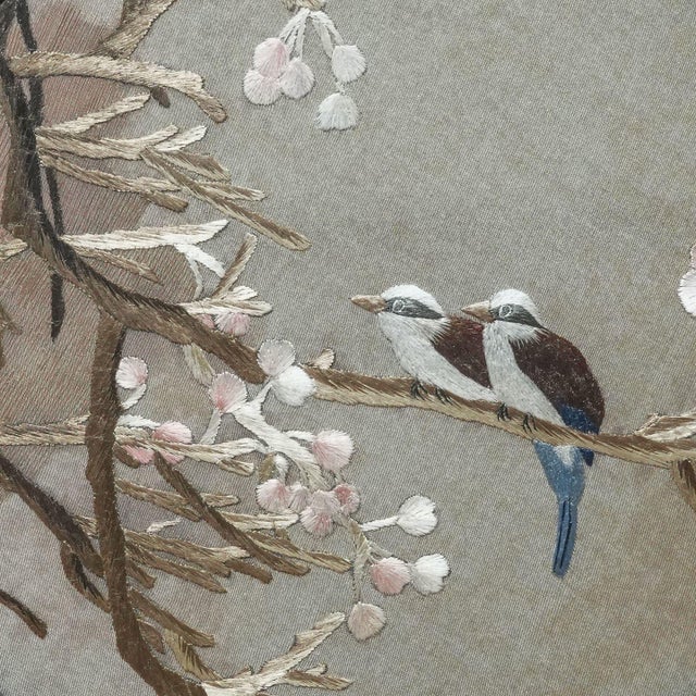 Double-Sided Handcrafted Silk Feng Shui Embroidery Winter Bird Flower Artwork For Sale - Image 6 of 6