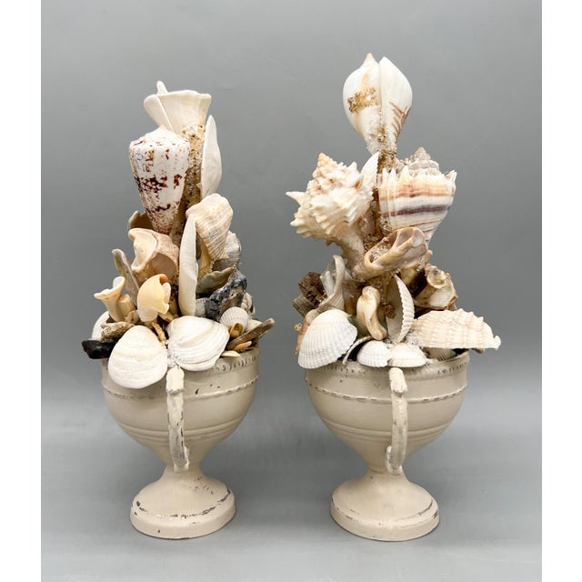 Metal Pair of Coastal Shell Topiary Urn Topiary Sculptures by Artist – Coastal / Organic Modern For Sale - Image 7 of 17