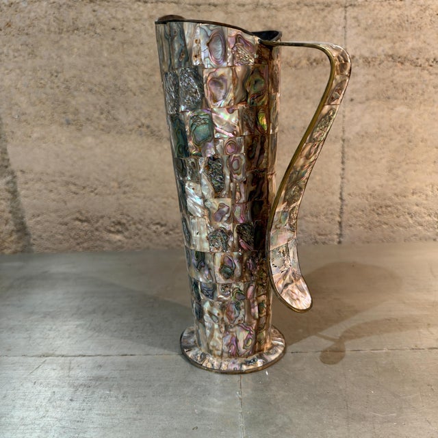 Vintage Mexican Brass and Inlaid Abalone Shell Pitcher Mexico For Sale - Image 12 of 13