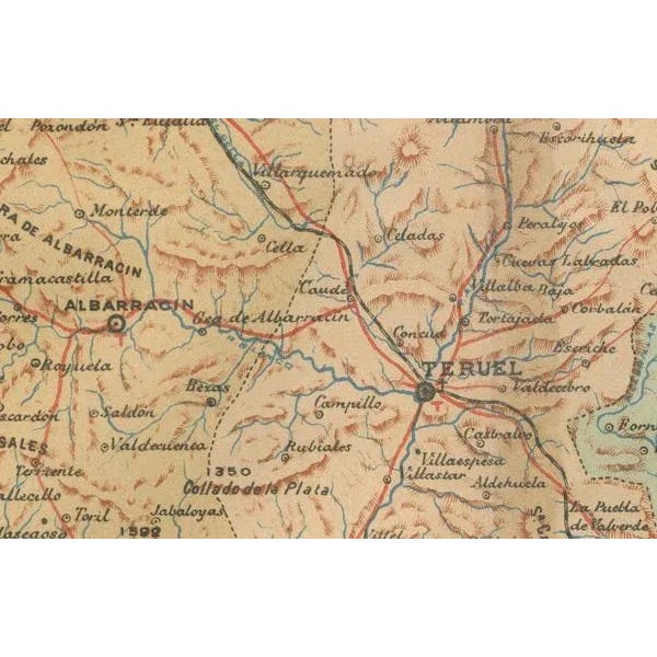 Original antique map of Teruel in Spain, with highlighted gold. The province of Teruel, located in the region of Aragon in...