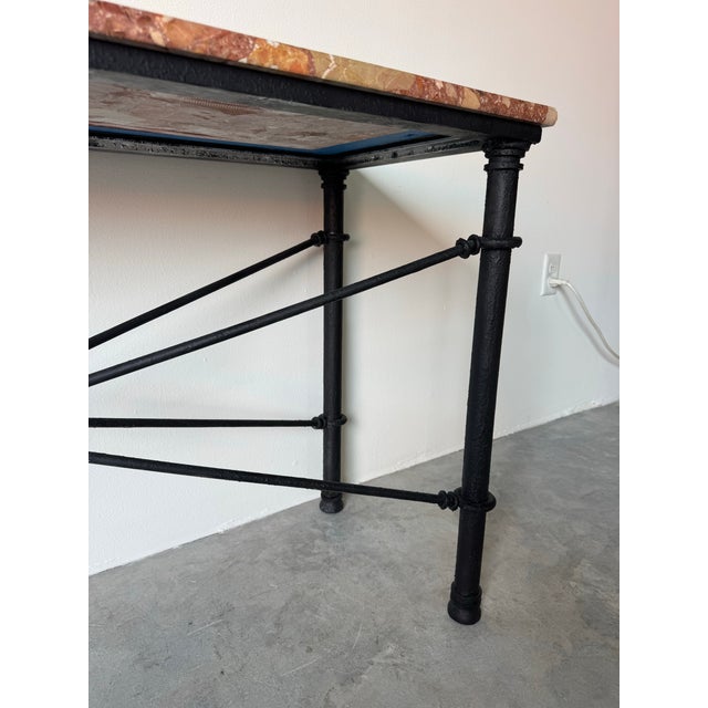 1980’s Vintage Brutalist Metal Console Table With Breccia Pernice Marble Top For Sale - Image 9 of 12
