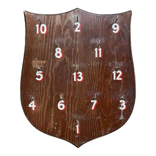 Vintage Wood Shield Key Ring or Ring Toss Game With Hooks After Abercrombie For Sale