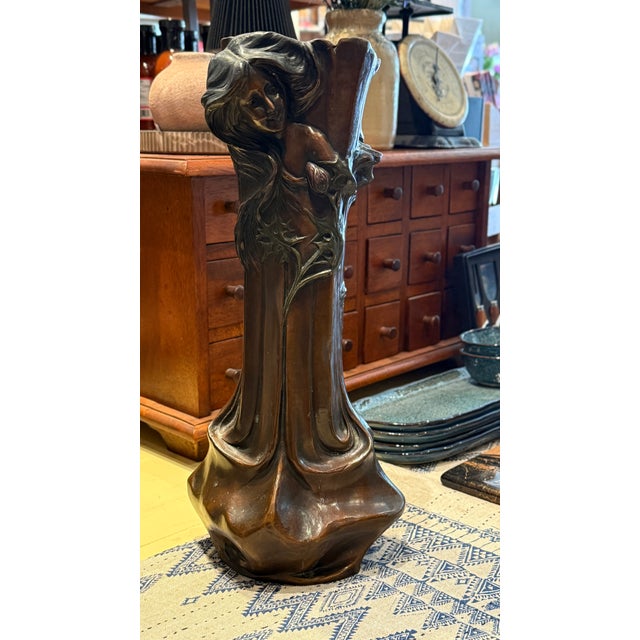 Early 20th Century Early Patinated Bronze Art Nouveau Vase With Maiden & Floral Design by Francesco Flora For Sale - Image 4 of 17
