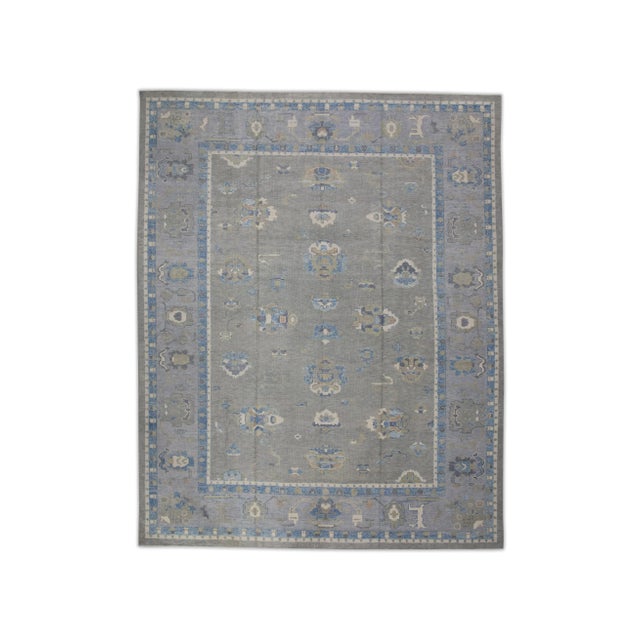 Blue Early 21st Century Gray & Blue Floral Design Handwoven Wool Turkish Oushak Rug 11'6" X 15' For Sale - Image 8 of 8