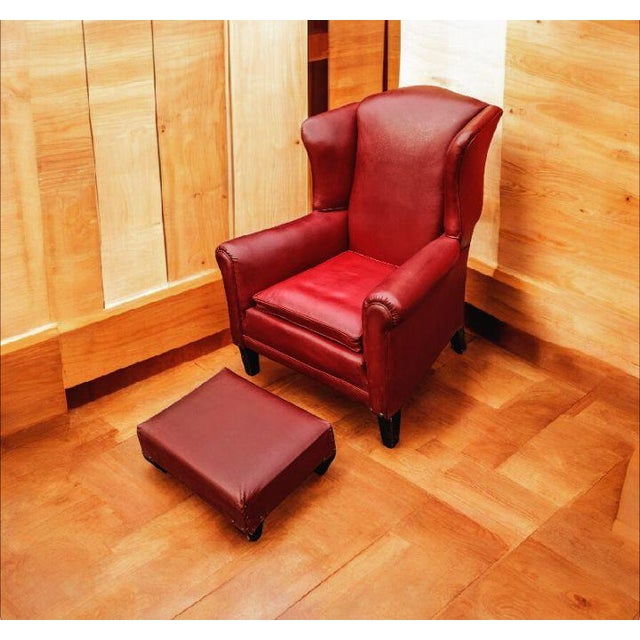 1950s Vintage Red Leather Wingback Chair & Ottoman For Sale - Image 5 of 8