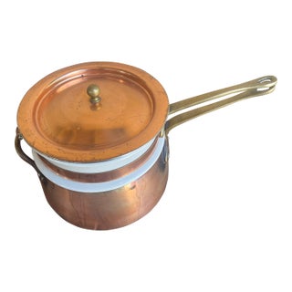 Farmhouse Copper Double Boiler Porcelain Insert, & Brass Handles For Sale