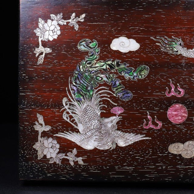 Brown Zitan Wood Box Inlaid With Mother-of-Pearl Dragon & Phoenix For Sale - Image 8 of 10