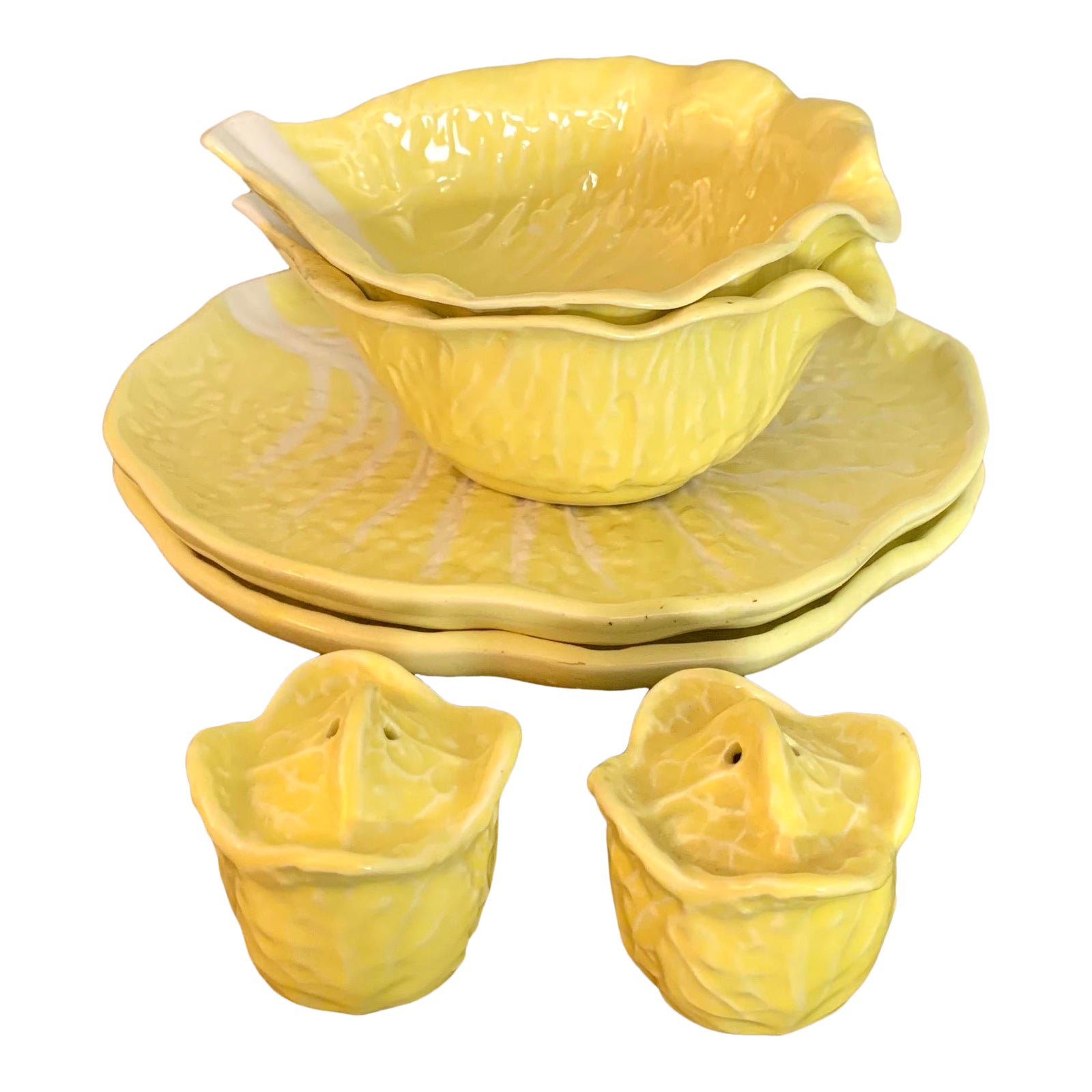 Vintage Yellow Majolica Cabbage Leaf Ceramic Set With Plates, Bowls and