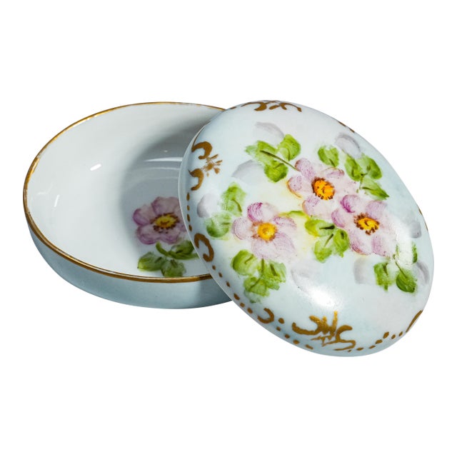 Delightful Hand Painted Floral Flower Theme Antique Small Porcelain Jewelry Trinket Box For Sale