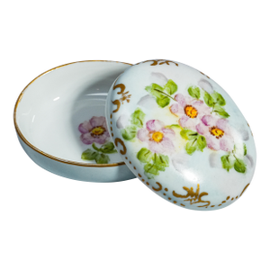 Delightful Hand Painted Floral Flower Theme Antique Small Porcelain Jewelry Trinket Box