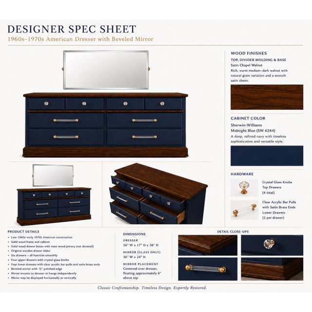 Restored 1960s American Solid Wood Dresser With Frameless Beveled Mirror | Midnight Blue & Old Chapel Satin Walnut™ For Sale - Image 4 of 4