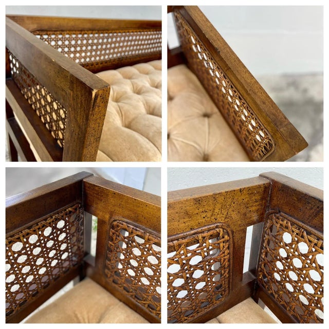 Mid Century Cane Bench or Settee With Upholstered + Tufted Velour For Sale - Image 12 of 13