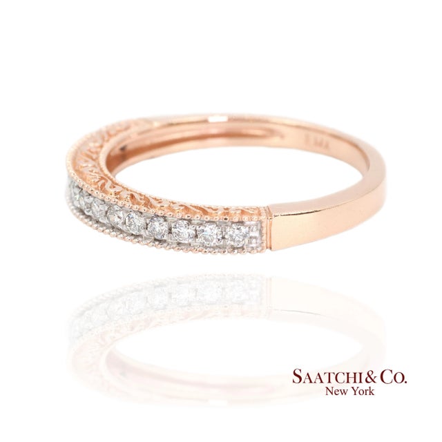 14k (585) Rose Gold Natural Diamond Milgrain Engraved Band Ring Size 6 For Sale - Image 4 of 11