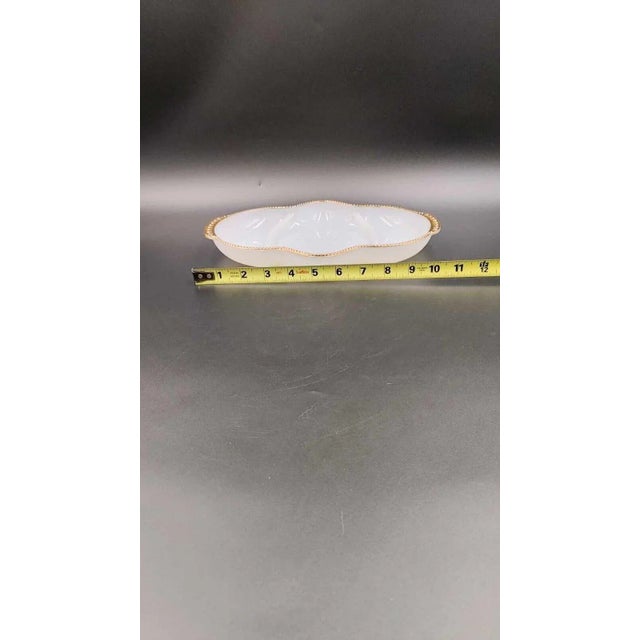 White Vintage Fire King White Milk Glass Gold Trim Relish Tray Dish 3 Part Divided For Sale - Image 8 of 8