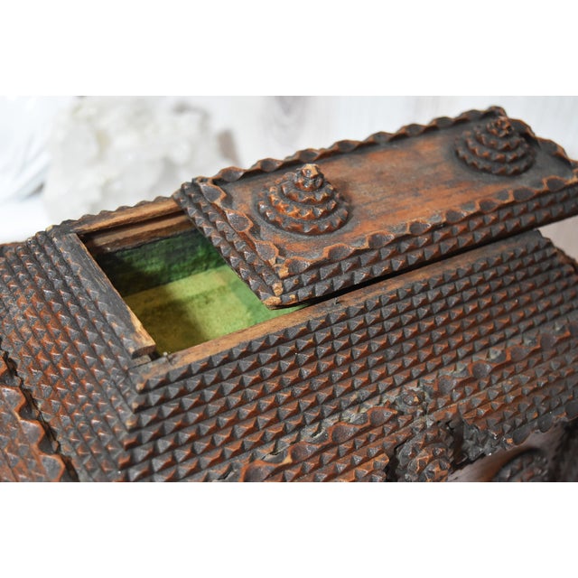 Antique Tramp Art Box With Velvet Interior and Mirror Secret Spot For Sale - Image 13 of 18