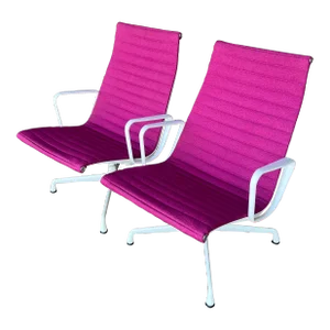 Pair of Eames Herman Miller Aluminum Group Lounge Chairs White Frames and Pink Fabric