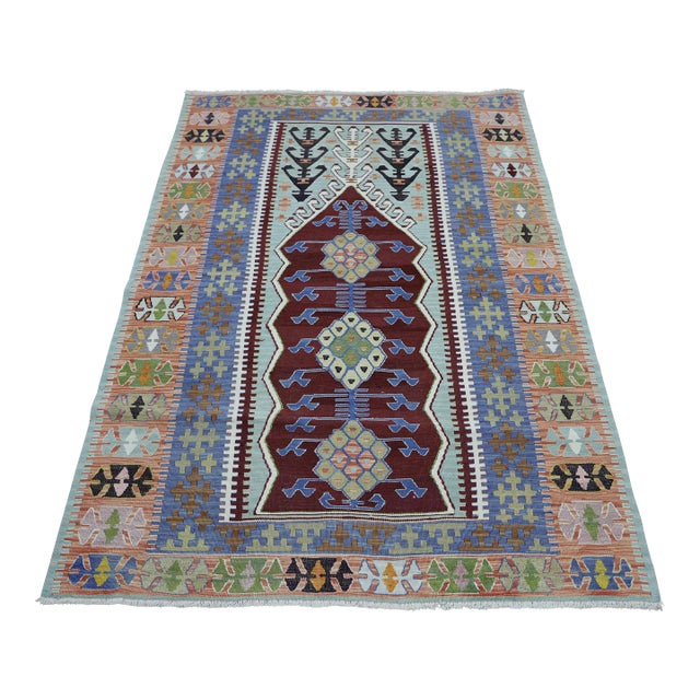 1980s Farmhouse Blue Geometric Kilim For Sale