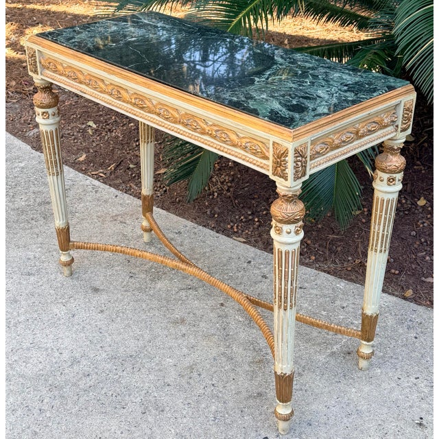 French Parcel Gilt and Paint Marble Top Louis XVI Style Console Table For Sale - Image 3 of 12