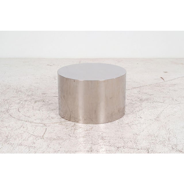 Custom Polished Metal Drum Side Table in the Style of Brueton, 1980 Polished metal, with adjustable glides Custom-made...