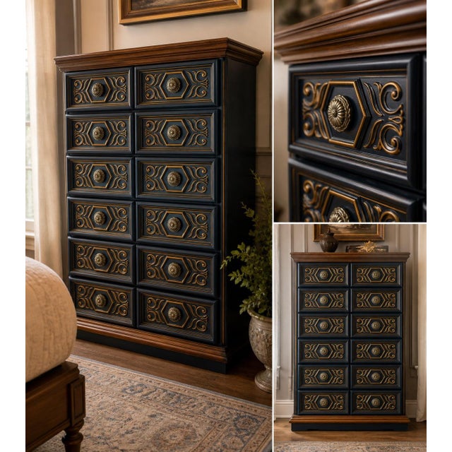 Vintage 1970s Drexel-Attributed Tallboy Dresser — Custom Midnight Blue & Gilded Finish, Dovetail Construction For Sale - Image 10 of 10