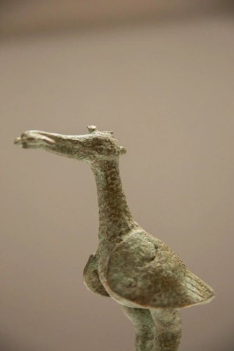 Vintage AfricanOxidized Bronze Crowned Stork With Fish Sculpture