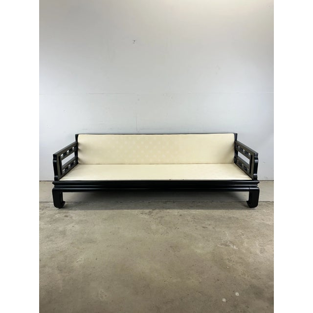 Black Chinoiserie Ming Inspired Black Lacquer Sofa With Vintage Upholstery For Sale - Image 8 of 12