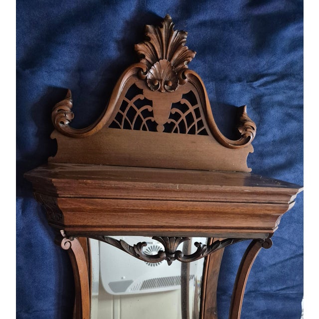 Victorian Late 19th Century Antique Victorian Walnut Wall Mirror With Carved Pediment & Display Shelf For Sale - Image 3 of 8