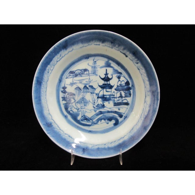 Antique Chinese Canton Blue Export Village Scene Porcelain Soup Bowl 8 3/4" Set For Sale - Image 4 of 9