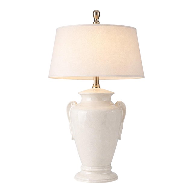 Late 20th Century Coastal Breeze White Crackle Glaze Urn Table Lamp — 27” Ceramic Urn With Handles & Linen Shade For Sale