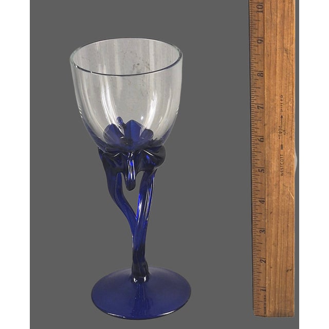 Contemporary Late 20th Century Art Glass Jelly Fish Attributed Jozefina Krosno Blue Stem Wine Glass For Sale - Image 3 of 6