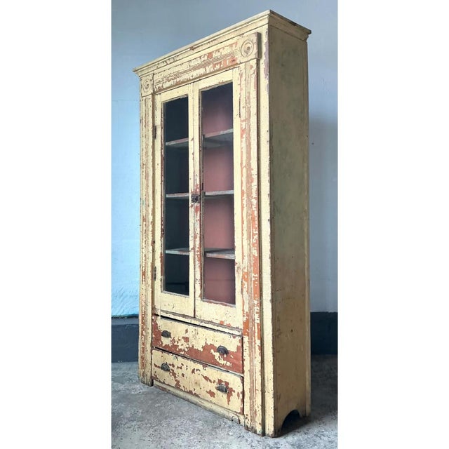 Mid 20th Century Vintage Distressed Wood and Glass Cabinet For Sale - Image 5 of 12