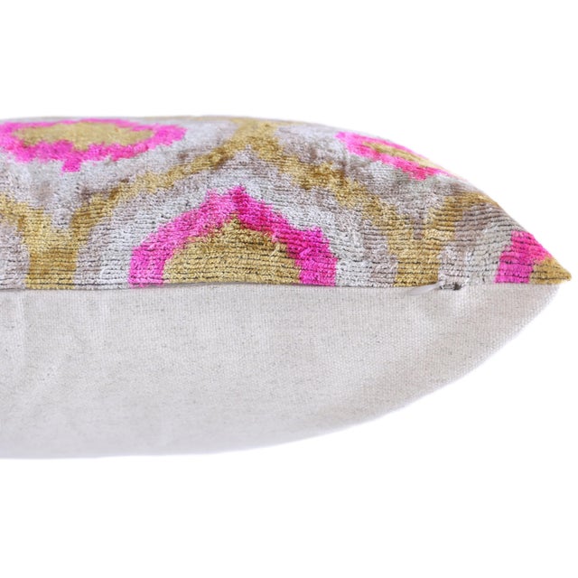 Textile Pink Ikat Silk Velvet Pillow 20x20 | Handmade Luxury Designer Cushion For Sale - Image 7 of 7