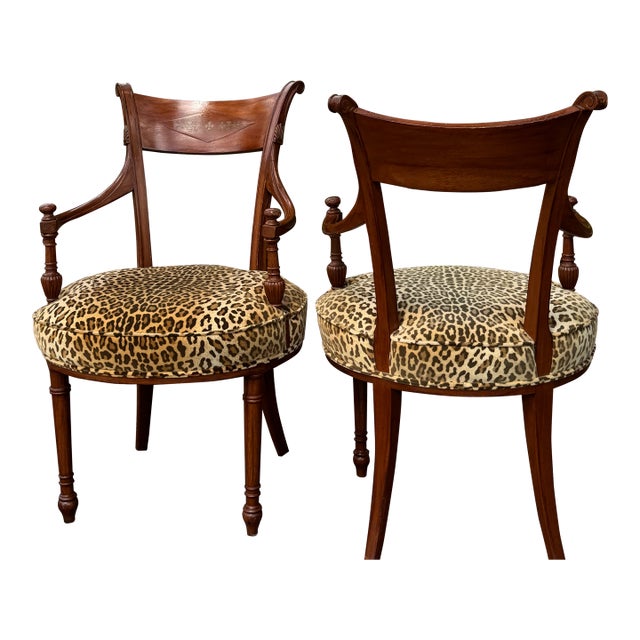 Antique Pair of French Regency Style Rosewood Armchairs With Brass Inlay & Leopard Upholstery For Sale