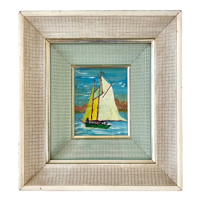 Petite Vintage Expressionist Sailboat Seascape in Amazing 2-Tone Double Frame, Glazed For Sale