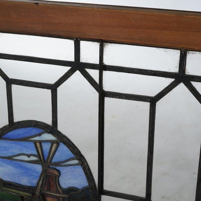 1910s Antique Arts & Crafts Leaded & Stained Glass Window With Country Road Circa 1910 For Sale - Image 5 of 14