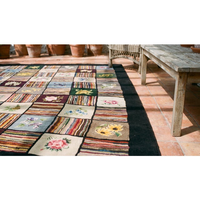 1930s Multicolor Geometric Folk Art American Hooked Rug 6' X 8'4" Handknotted Wool Carpet For Sale - Image 13 of 14