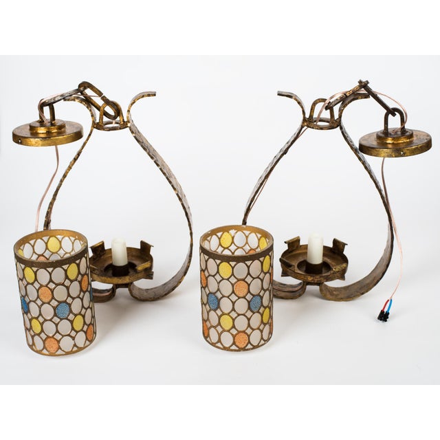 1950s Spanish Gilt Wrought Iron Lantern Pendants – Neoclassical Mid-Century Modern Ceiling Lights, Pair For Sale - Image 10 of 15