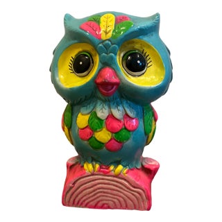Bright Vintage Ceramic Owl Figurine/Bank For Sale