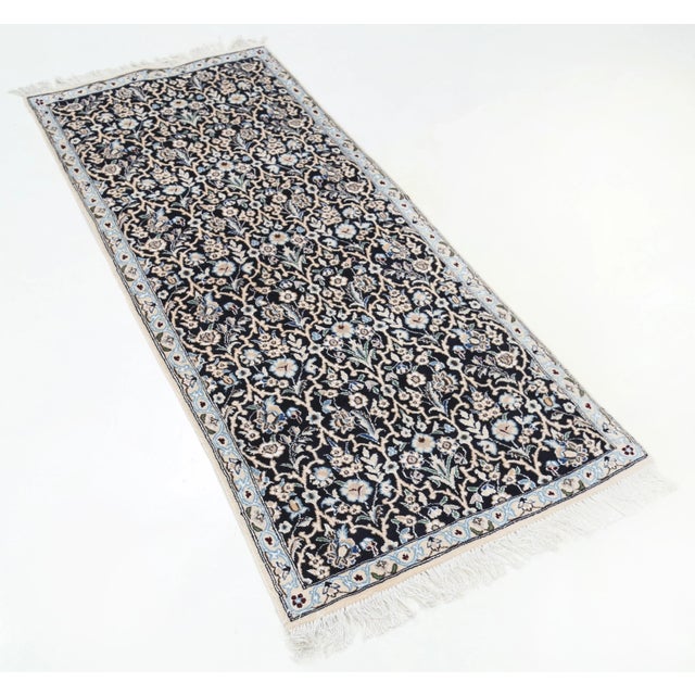 Traditional Navy Blue Fine Hand Knotted Silk & Wool Nain Rug For Sale - Image 3 of 5