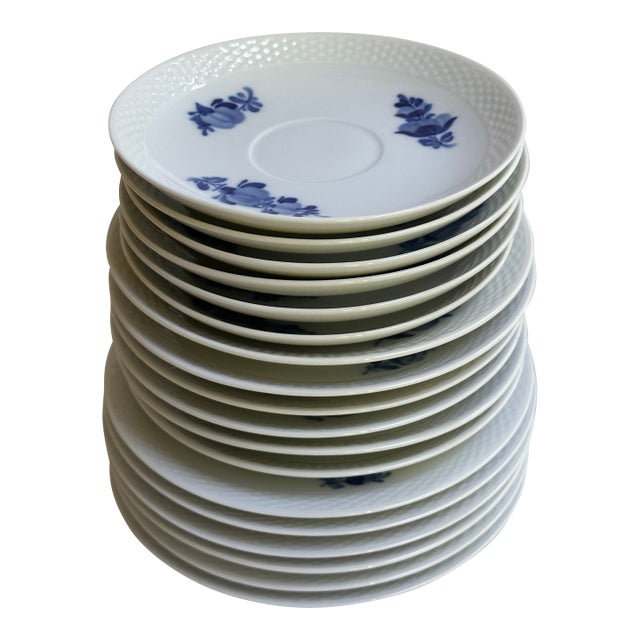 1980's Royal CopenhagenDenmark Blue Flowers Braided Edges Six(6) Salad Plates 7.5",Six(6) 7" Saucers(#8195),Six(6) Saucers 6.5"(#8269) - 18 pcs For Sale
