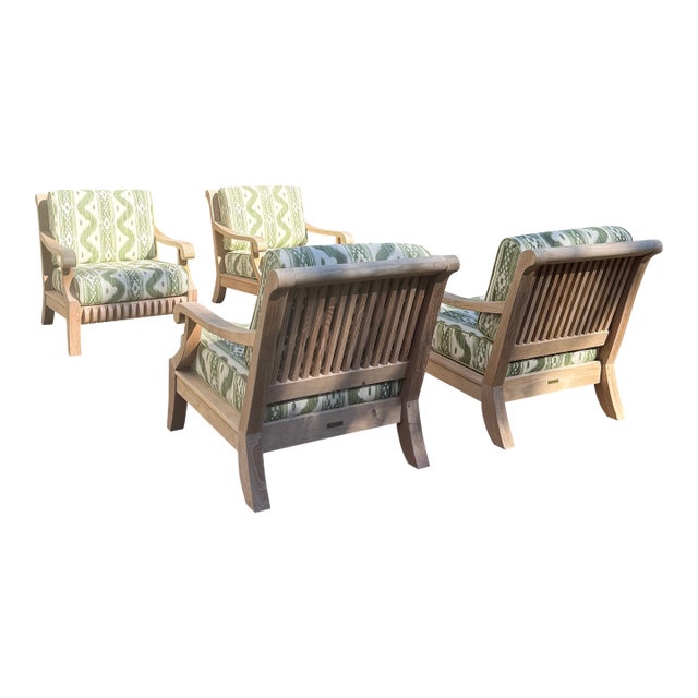 4 Teak Club Chairs With Seat and Back Cushions in Quadrille China Seas Bali Hai in Green For Sale
