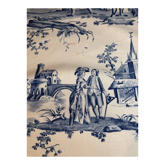 Vintage Approximately 10 Yards of Cream and Blue Toile Fabric. For Sale