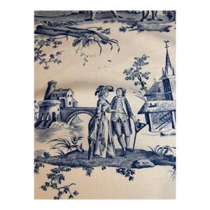 Vintage Approximately 10 Yards of Cream and Blue Toile Fabric.
