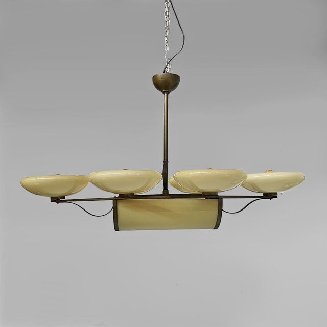Italian Art Deco Pendant Light in Brass and Opaline Glass, 1930s For Sale - Image 3 of 18